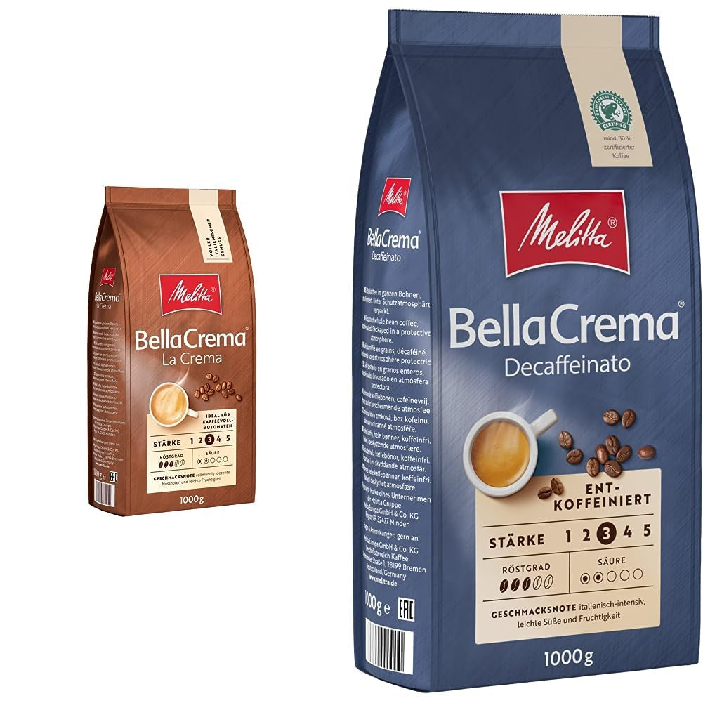 Café en grains Melitta BellaCrema La Crema 1kg et café en grains décaféiné BellaCrema Decaffeinato 1kg