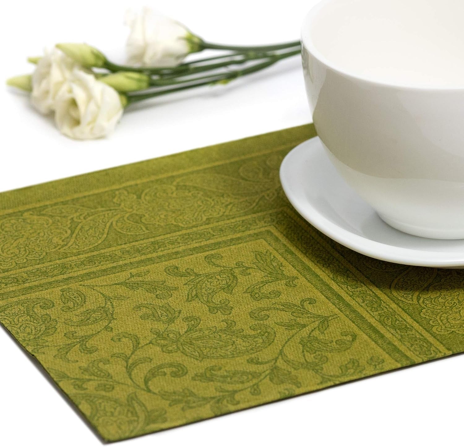 Papstar, 50 serviettes "Collection ROYAL" pli 1/4 40 Cm X 40 Cm vert olive "Ornements", #81746