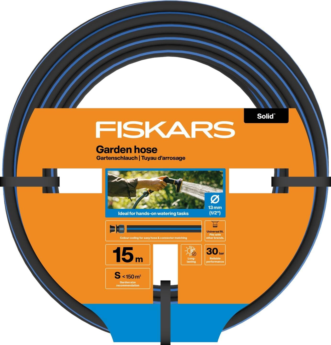 Tuyau d'arrosage Fiskars S, Solide, Tuyau d'eau pour arrosage manuel, 13 mm (1/2"), Longueur: 15 m, Raccord universel, Protection UV, Protection contre le gel, Résistant à la torsion, Bleu, 1076049