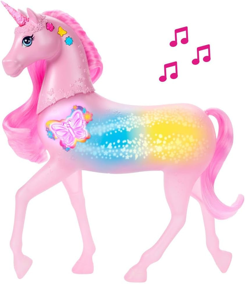 Licorne Barbie qui brille dans le noir avec 20 combinaisons interactives d'effets lumineux, sonores et musicaux pour jouer avec des boutons-poussoirs et des coups de tête, JCP78