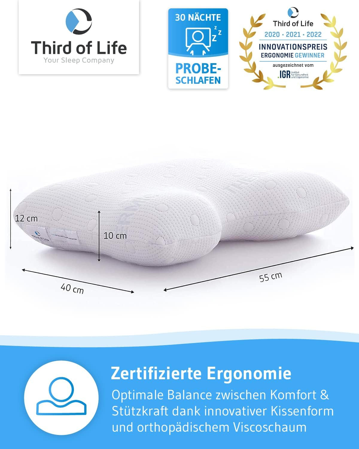 Oreiller pour dormir sur le côté GIANFAR | Oreiller orthopédique de soutien du cou | Mousse à mémoire de forme ultra fraîche contre les maux de gorge et les migraines | Couverture thermorégulatrice | Oreiller pour dormir sur le côté avec colonne cervicale 55X40X12/10 cm Oreillers orthopédiques cervicaux Naty Shop