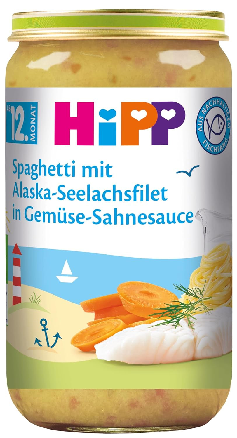 Spaghetti HiPP aux filets de goberge d'Alaska dans une sauce crémeuse aux légumes, paquet de 6 (6 x 250 g)