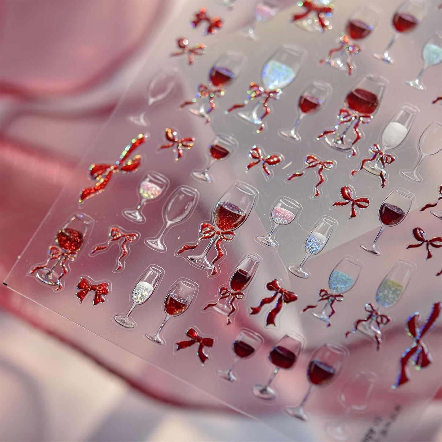 JMEOWIO 3D Nagelsticker Roter Kelch Mit Schleife Nail Art Sticker Selbstklebend Nagelaufkleber 5D Stereoskopisch Dekoration Nageldesign Zubehör 1 Blatt