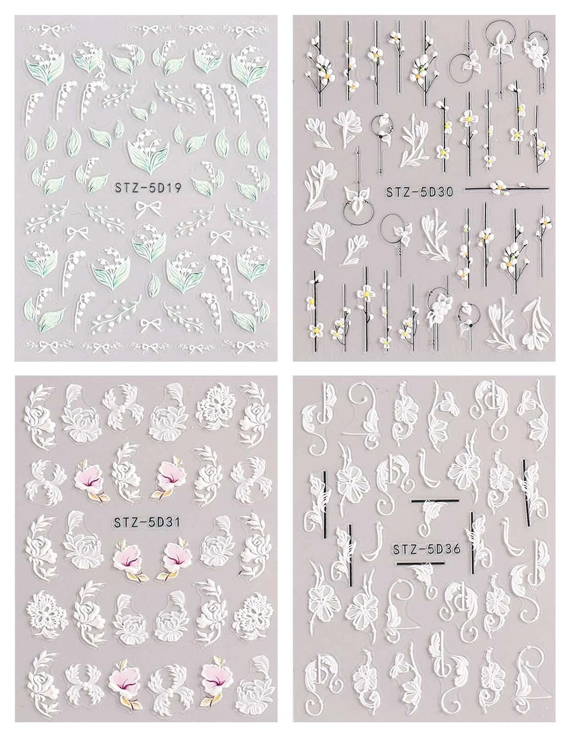 JMEOWIO Autocollants de manucure 3D pour ongles, fleurs, autocollants pour nail art, autocollants auto-adhésifs, bandes stéréoscopiques 5D, décoration de fleurs d'été, design de manucure, 4 feuilles