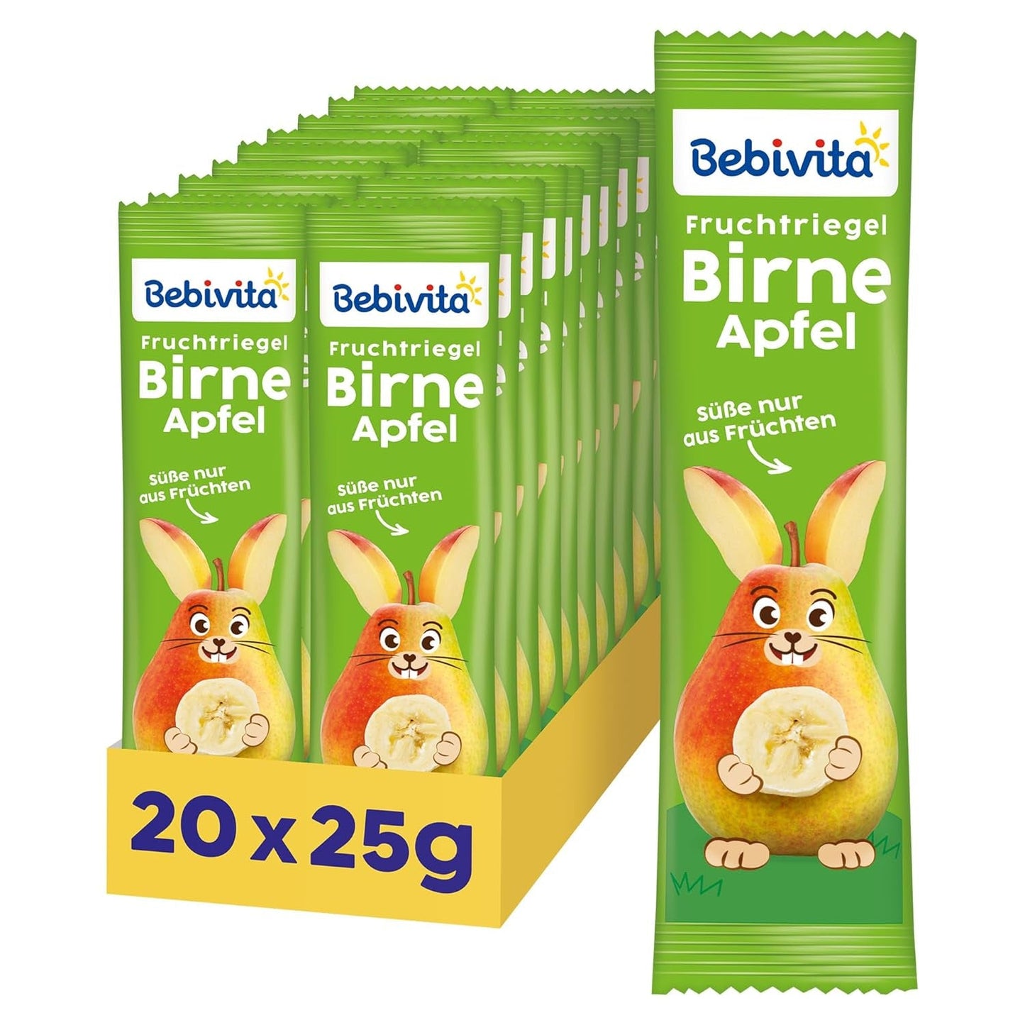 Barres aux fruits poire-pomme (20 x 25g), sucrées uniquement avec des fruits, parfaite collation entre les repas, préparées à partir d'ingrédients strictement contrôlés et sélectionnés.