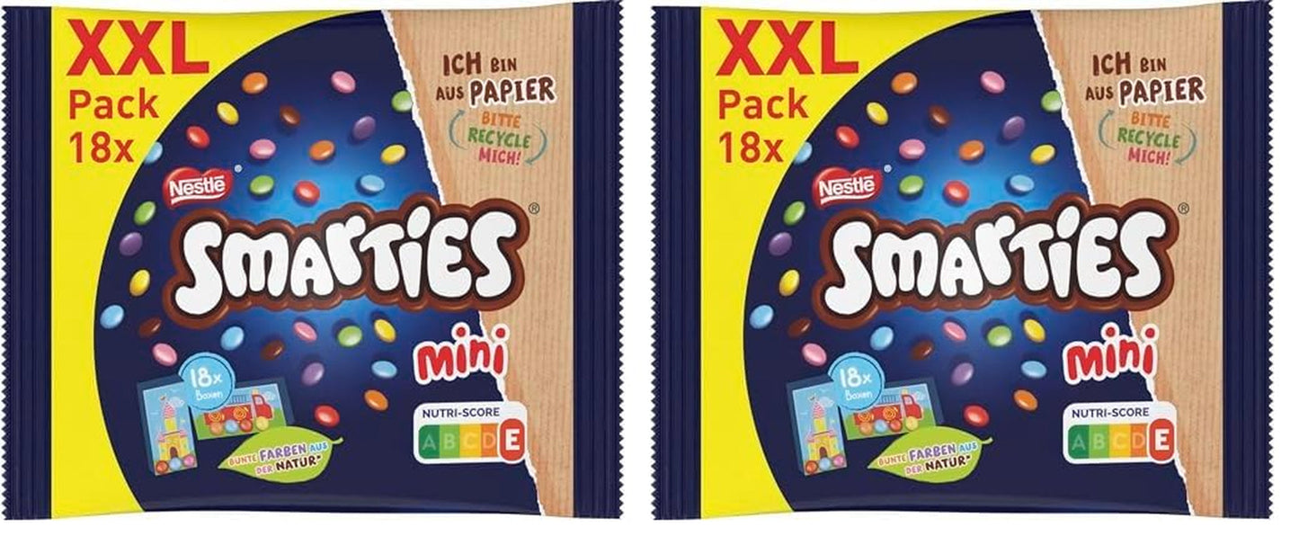 Nestlé SMARTIES Mini sachets XXL, lentilles couleur chocolat, idéales à partager et à déguster en famille et entre amis, couleurs naturelles, emballage recyclable, lot de 2 (1 x 259 g)