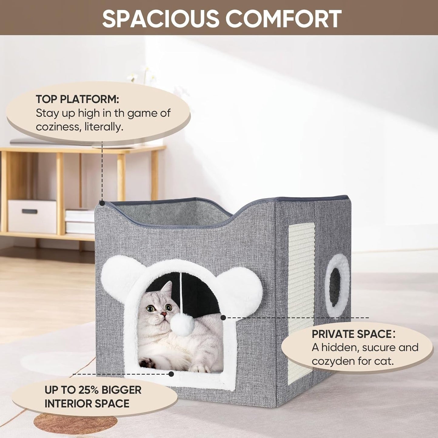 Katzenbetten für Indoor Katzen, Faltbares Katzenhaus, Katzenhöhle 2 Schicht Würfel Großer Raum Katzenbett mit Kratzbrett et Spielball, 15,8 x 15,8 x 15 pouces