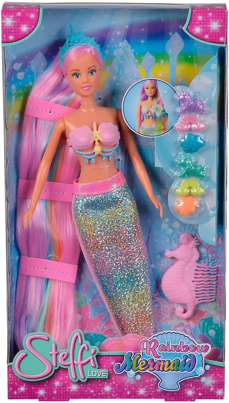 Simba 105733610 - Steffi Love Rainbow Mermaid, poupée mannequin sirène arc-en-ciel avec cheveux colorés, pinces à cheveux, peigne et nageoire amovible, poupée de jeu 29 cm, à partir de 3 ans