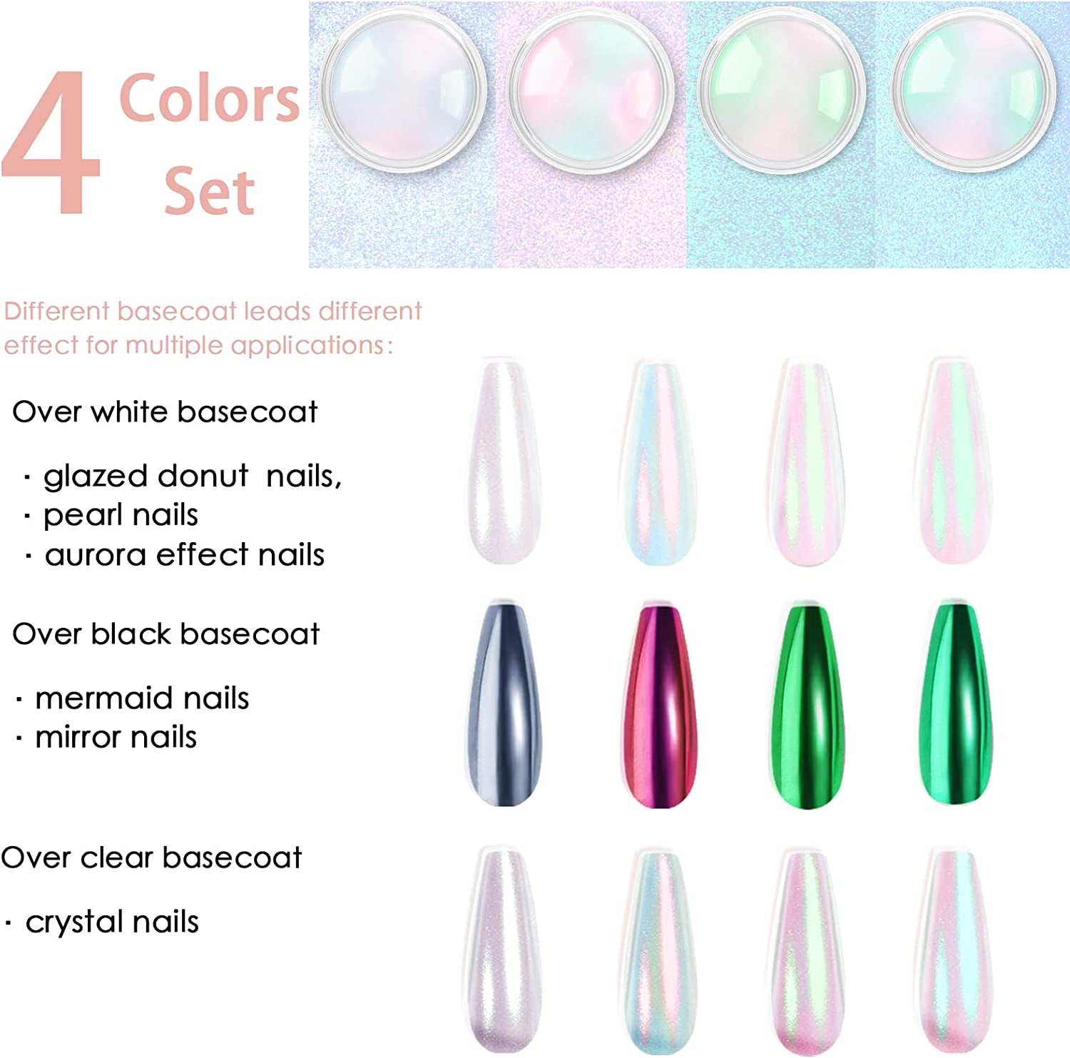 Chrome Nagel Pulver 4 couleurs irisées Aurora Pulver Metallic Spiegel Effet Pigment Nacré Merjungfrau Glitter Einhorn Glitter pour Gel Polish Nail Art Décoration-Purpurgrüner Jadeit