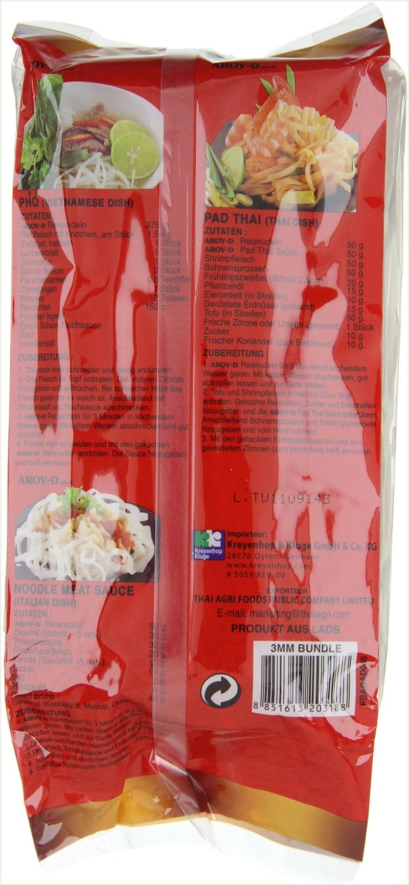 Nouilles de riz Aroy-D sans gluten, paquets de 3 mm (1 paquet x 375 g)