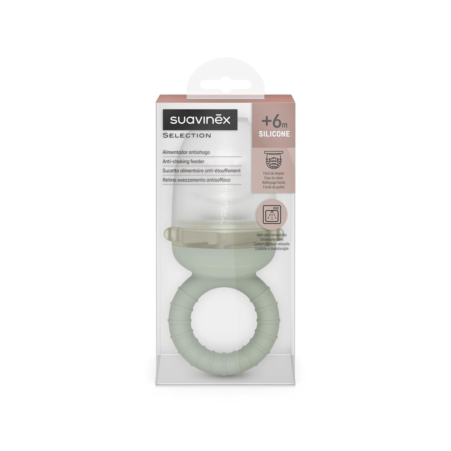 Suavinex Pare-mastication pour bébé en silicone de qualité alimentaire avec couvercle, facile à nettoyer, passe au lave-vaisselle et au congélateur, apaise les gencives 6 mois, vert