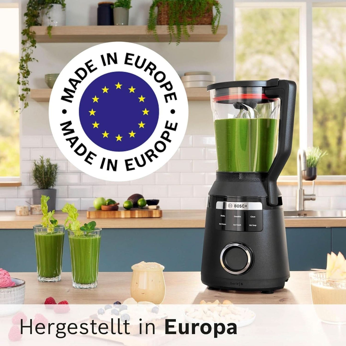 Batteur sur socle à grande vitesse Vitapower Serie 6 MMBD665B1, 45 000 tr/min, 6 programmes Inkl Heiße Suppe & Reinigung, 2 L Mixbehälter, Stopfer, Spülmaschinenfeste Teile, Made in Europe, 1800W, Schwarz Kitchen Naty Shop