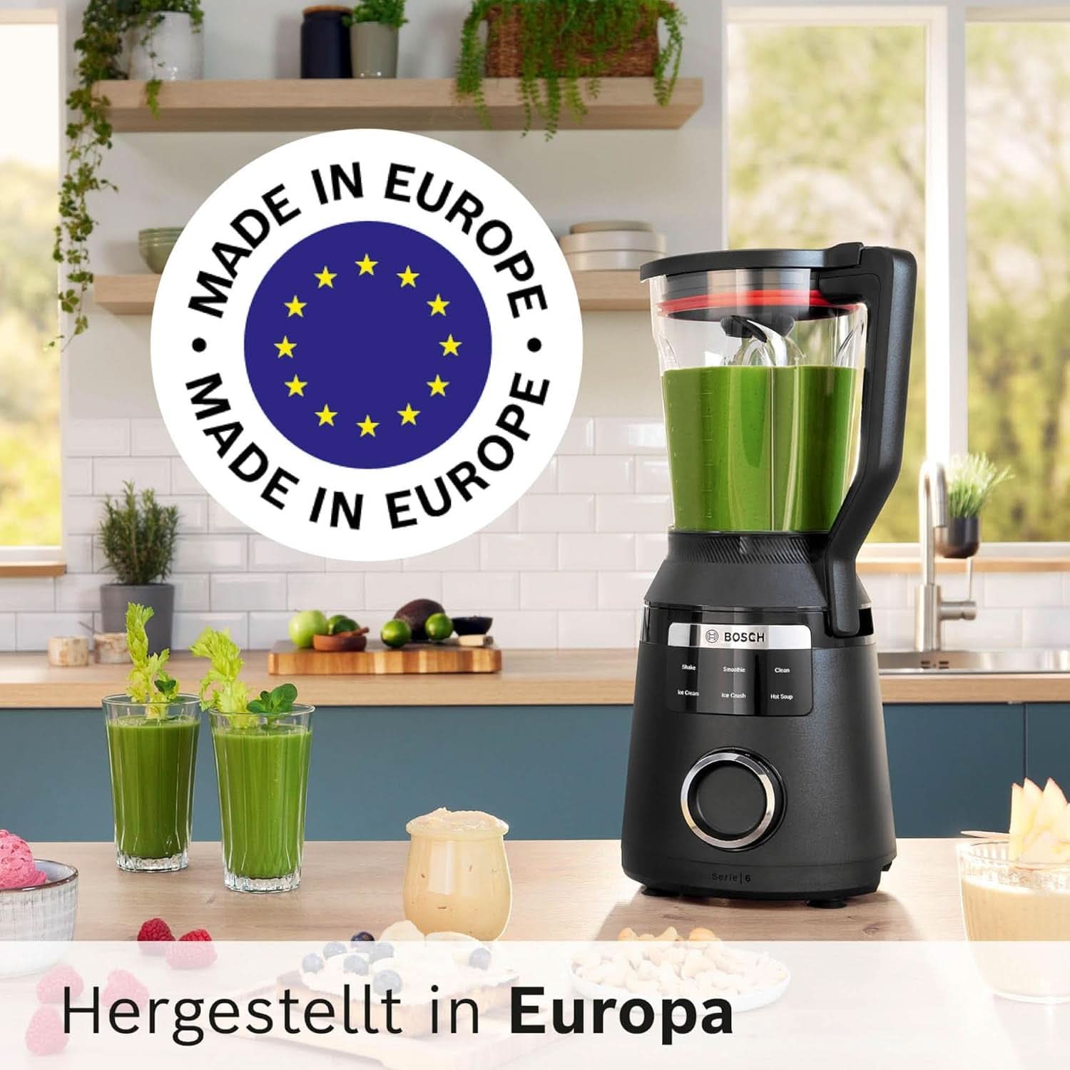 Batteur sur socle à grande vitesse Vitapower Serie 6 MMBD665B1, 45 000 tr/min, 6 programmes Inkl Heiße Suppe & Reinigung, 2 L Mixbehälter, Stopfer, Spülmaschinenfeste Teile, Made in Europe, 1800W, Schwarz Kitchen Naty Shop