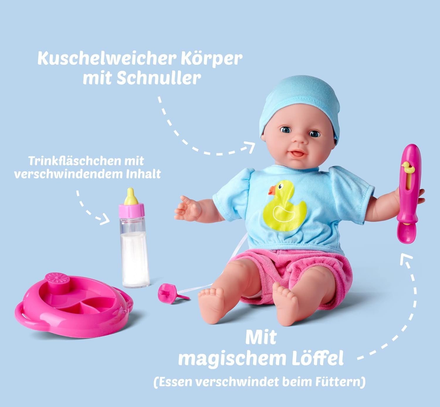 Simba 105010964 - Poupée douce Laura Hungry avec tétine, cuillère magique, biberon et assiette qui disparaissent, 38 cm, poupée pour enfants à partir de 2 ans