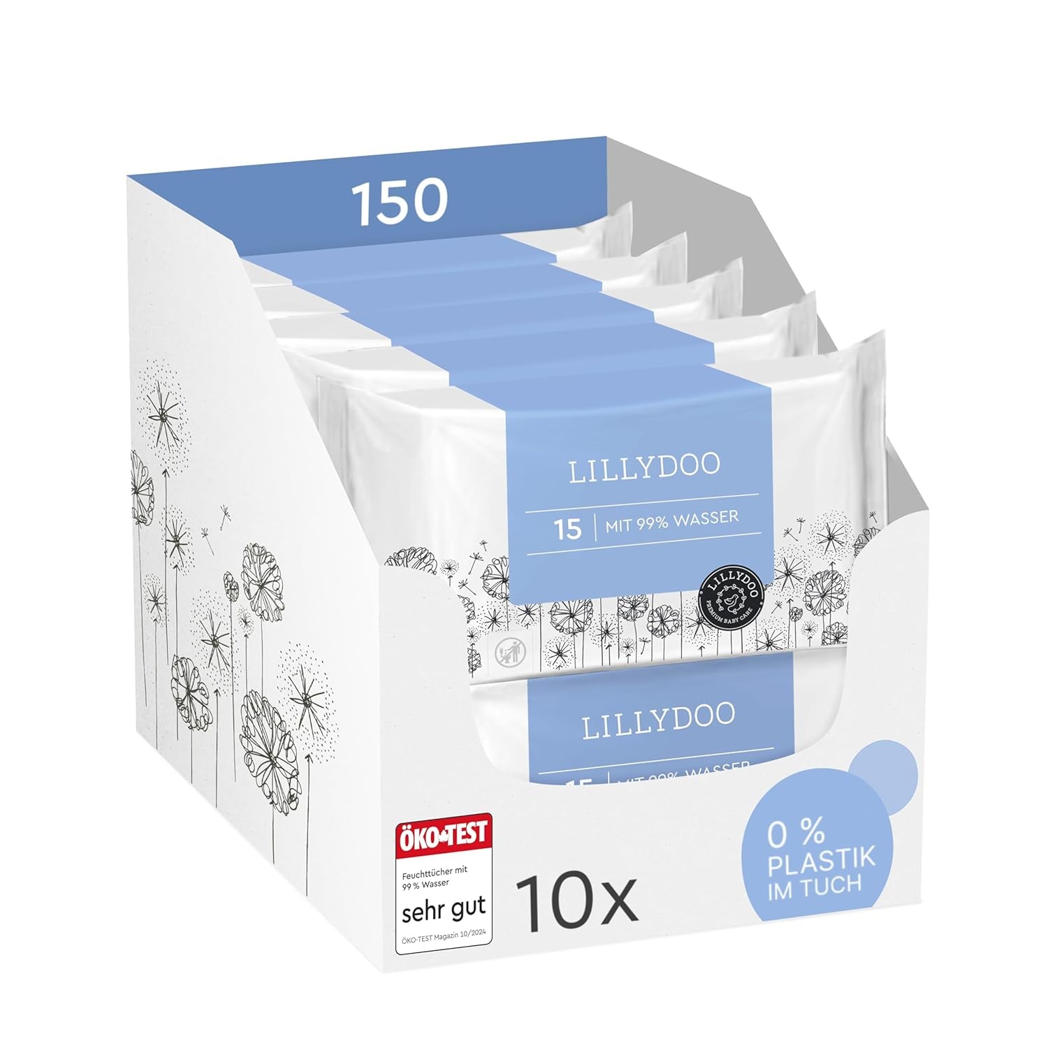 LILLYDOO Lingettes humides vertes, 600 unités (10 x 60), 100 % sans plastique, résistantes aux déchirures – Sans parfum, douces et naturelles, nettoyage doux pour les peaux sensibles, testées dermatologiquement