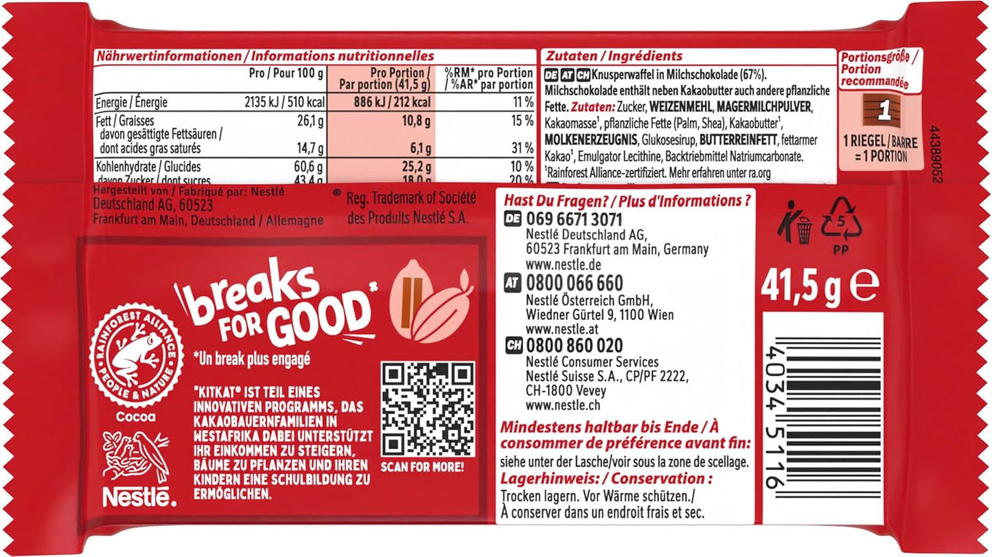 Nestlé KitKat Barres de chocolat classiques Barres de gaufrettes croustillantes au chocolat au lait Paquet de 24 (24 x 41,5 g)