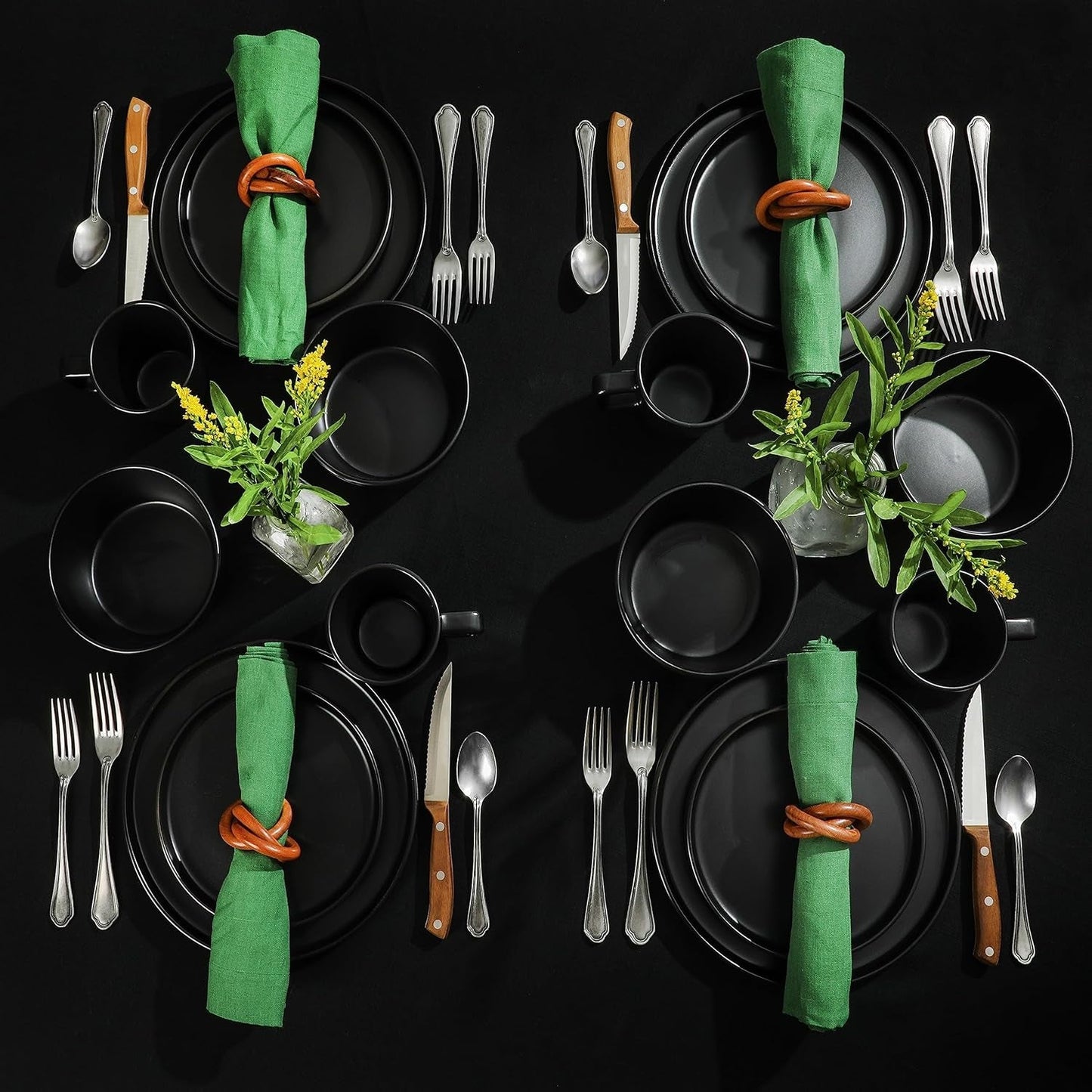 Service de table Bowery, 32 pièces, noir mat, grès, assiettes, bols et tasses, pour 8 personnes