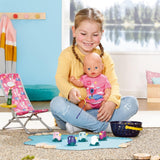 BABY born 832790 Weekend Fishing - Ensemble d'accessoires pour poupée de pêche avec chaise longue aux imprimés vifs, table d'appoint, verre, panier, canetons et canne à pêche et chemise longue rose, Rose