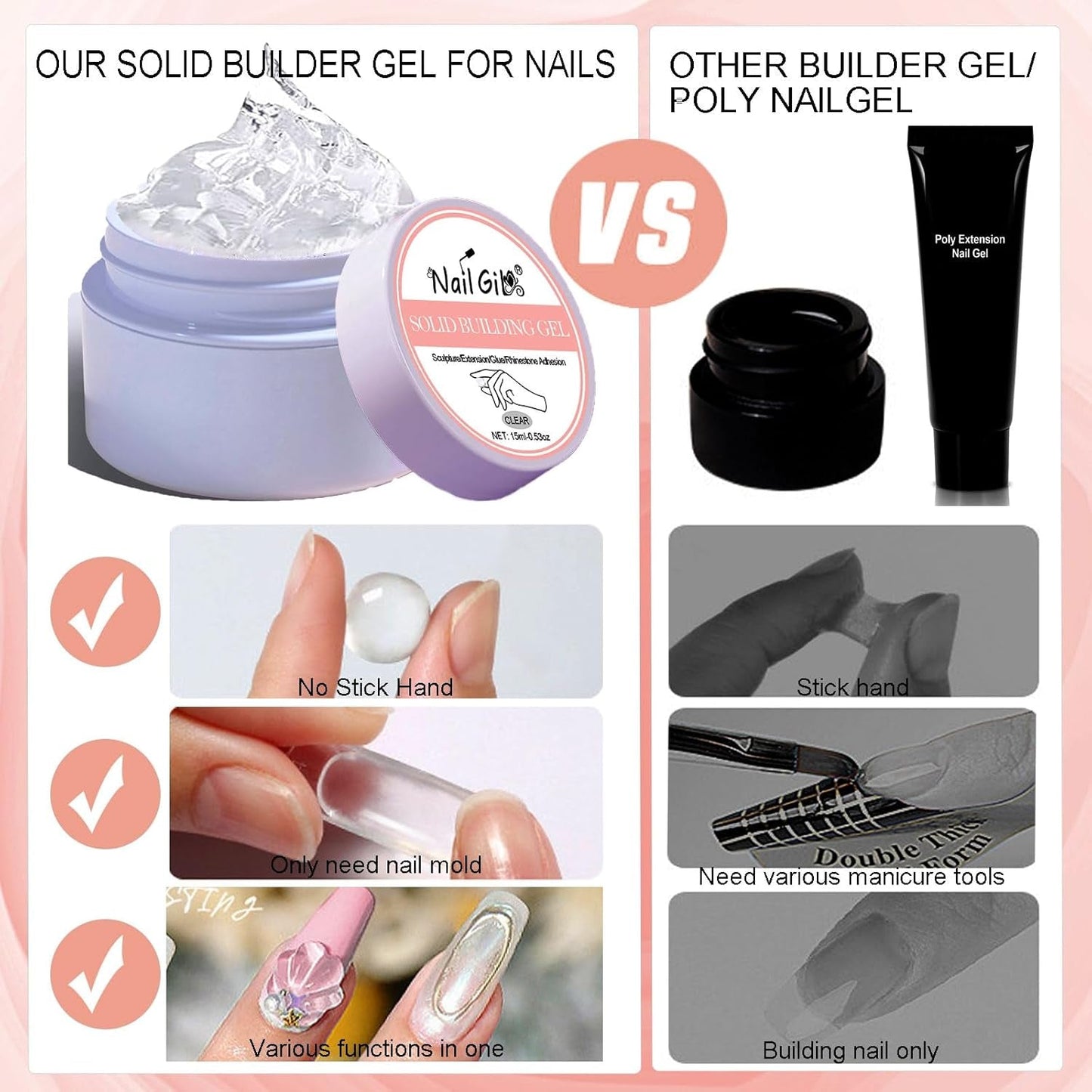 NAILGIL Vernis à ongles en gel solide, colle à ongles en gel solide, sculpture d'art d'ongle 3D avec ensemble d'outils, salon de bricolage à domicile, transparent 15G