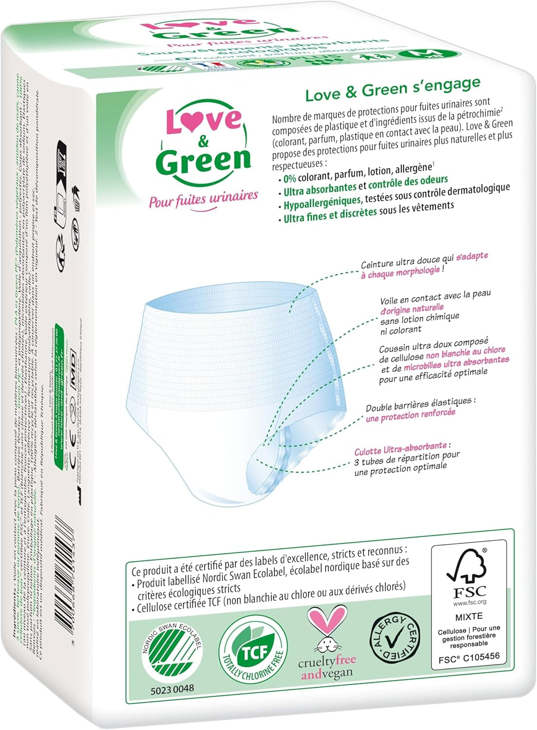 Sous-vêtement absorbant adulte hypoallergénique et écologique, taille M, 8 pièces