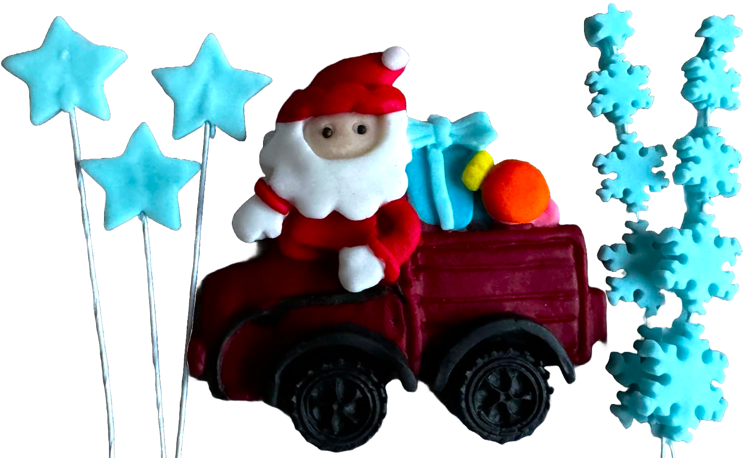 Lot de 6 décorations comestibles en pâte à sucre, Noël, voiture du Père Noël, étoiles et flocons de neige Décorations en Pâte à Sucre Naty Shop