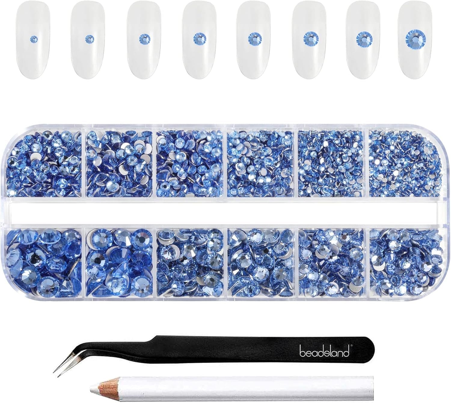 Beadland 2500Pcs Verre Nailart Strasssteine ​​​​Kristall Flatback Edelsteine ​​​​Runde, ​​​​pour Handwerk Gemischt 8 Größen SS4 ~ SS30 Mit Picking Pinzette Und Stift (Kristall Weiss)