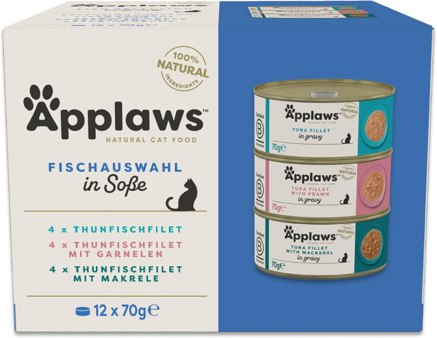 Applaws Nourriture humide 100 % naturelle pour chat adulte, assortiment de poissons en sauce, paquet multiple de 12 boîtes x 70 g