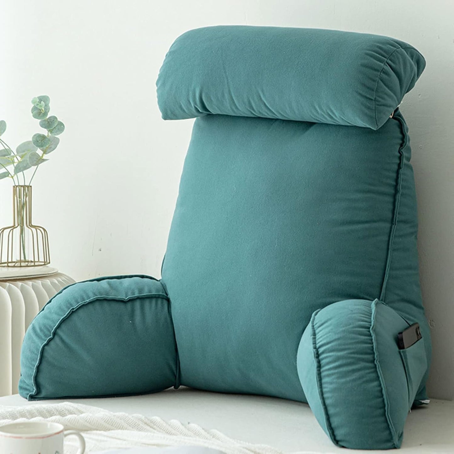 Oreiller de lecture avec accoudoirs, coussin de dossier de canapé, coussin de livre pour lit, avec tour de cou amovible, coussin de soutien de chaise pour se détendre, jouer, lire, regarder la télévision, couleur champagne