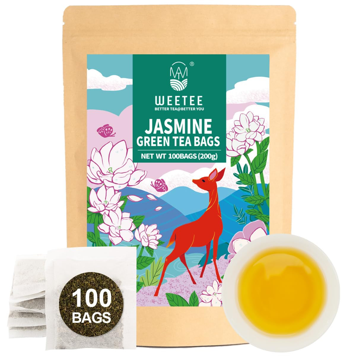 WEETEE Sachets de thé vert, 100 sachets de thé vert, thé vert pur, super antioxydant | Sachets refermables | Préparation chaude ou froide