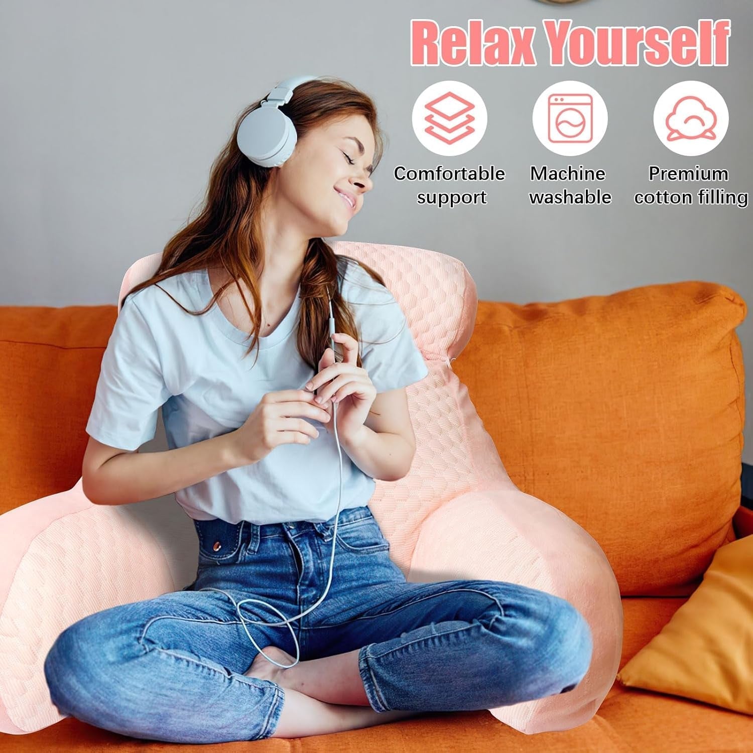 Oreiller de lecture, oreiller de lit, oreiller de dos extra large pour adulte 70 x 50 cm pour lire avec rouleau de cou amovible et bras de support, oreiller de lecture confortable pour lit et canapé (rose, extra large)