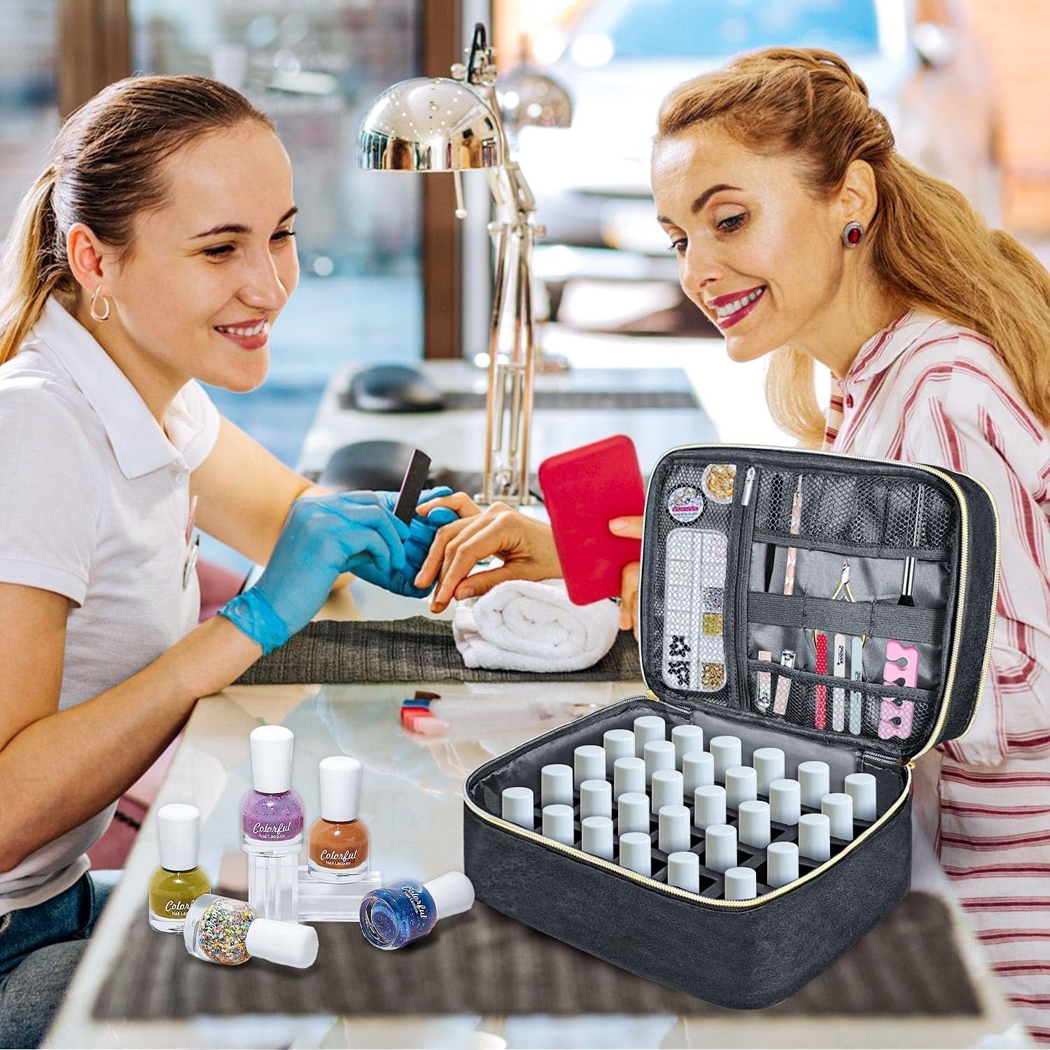 Sac organisateur de vernis à ongles, boîte de rangement double de vernis à ongles, organisateur de coffre pour le design des ongles, sacs cosmétiques pour 30 flacons de base Neonail (15 ml-0,5 fl. oz) et 1 lampe à ongles (noir)