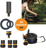 Roue hydraulique Fiskars Comfort L avec roulettes, kit d'arrosage tout compris, portée totale de 31,5 m, enroulement automatique, tuyau d'arrosage universel (Ø 13 mm), raccord de robinet universel, 1071670