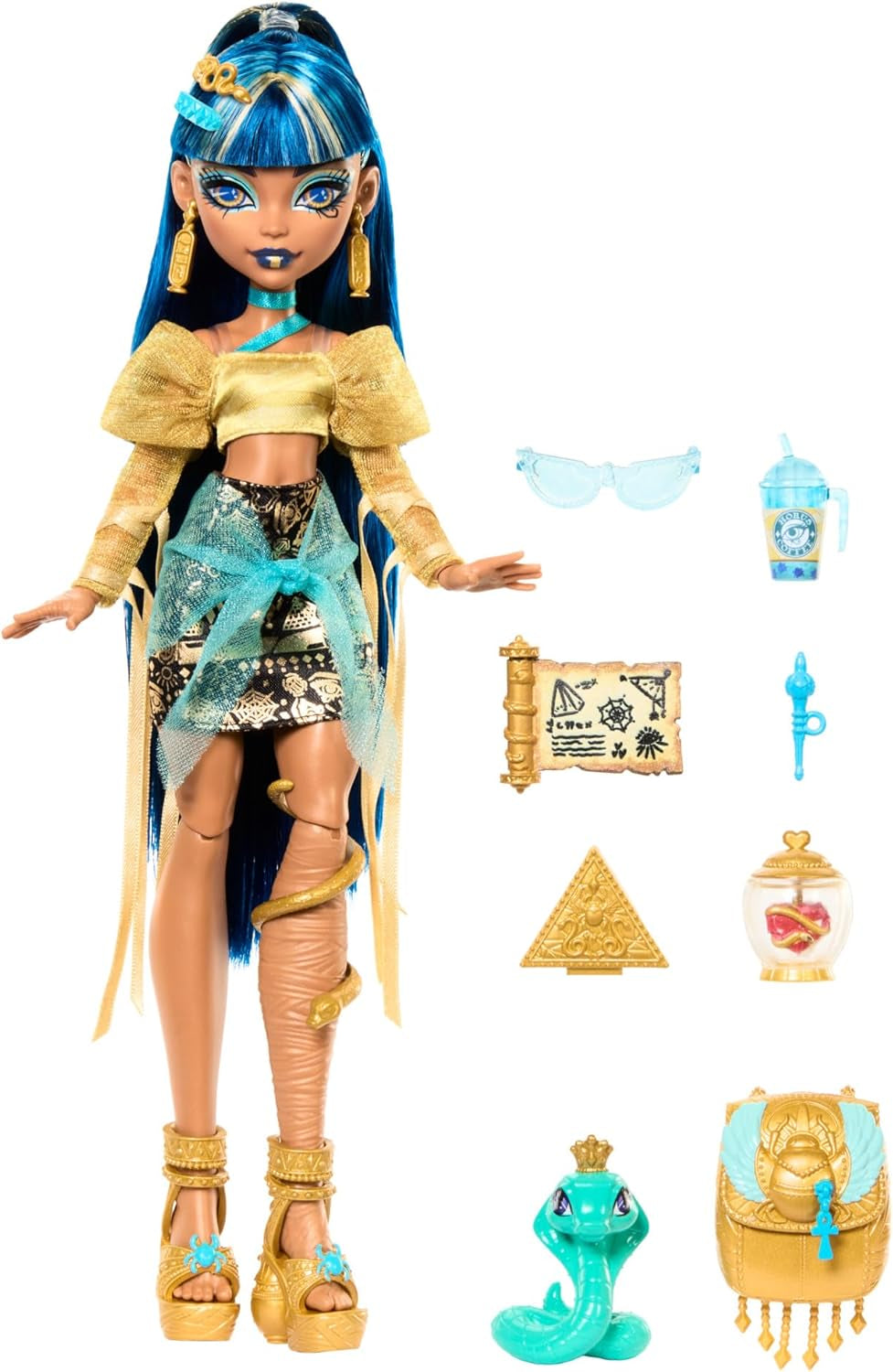 Poupée Monster High Cleo De Nile vêtue d'un chemisier doré et d'une jupe superposée, comprend le cobra Hissette et des accessoires tels qu'un cartable, une collation et un rouleau de papier toilette, HXH74