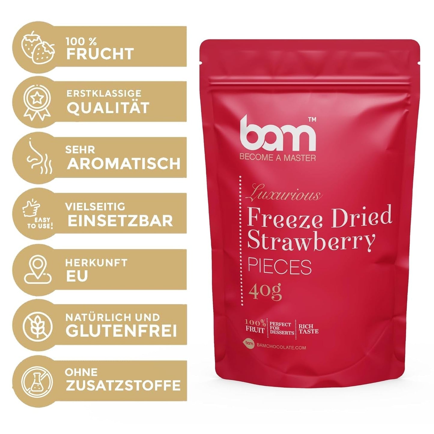 Fruits lyophilisés BAM, 40 grammes, fruits naturels, desserts parfaits, saveur riche (fraise) Produits déshydratés Naty Shop