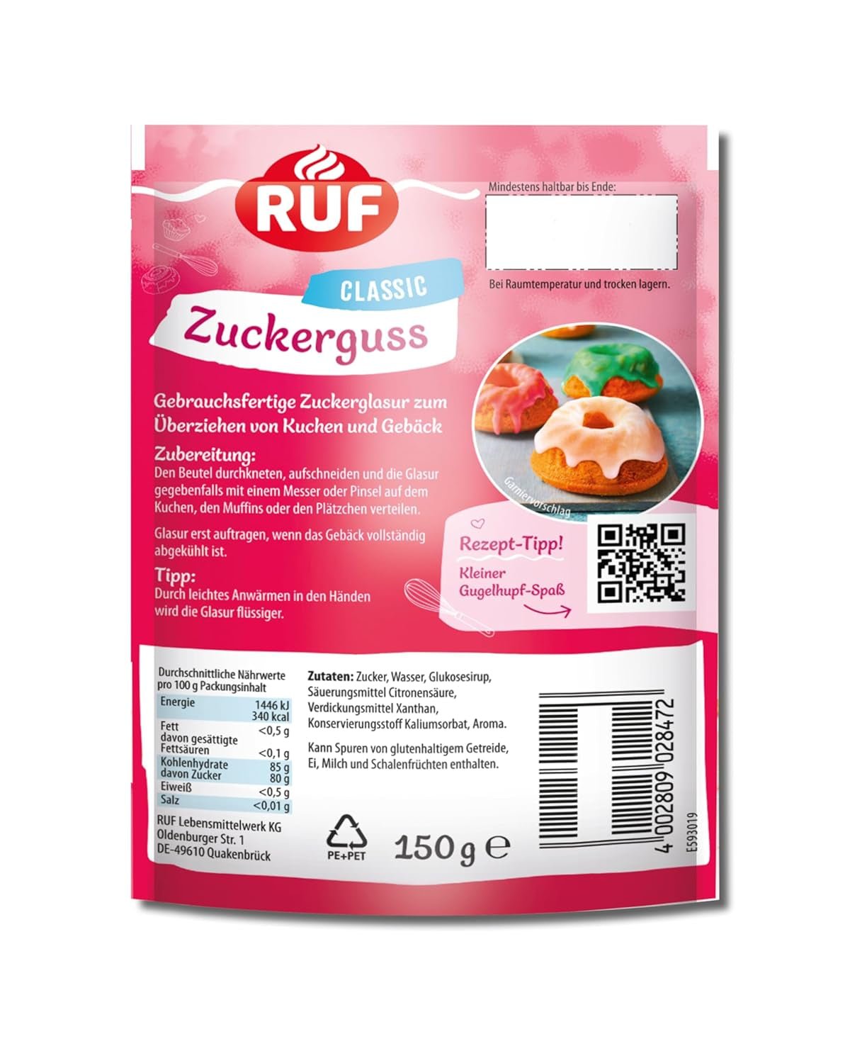 Glaçage RUF prêt à l'emploi, s'utilise immédiatement sans mélanger, glaçage pour biscuits et gâteaux, comme base de glaçage au sucre ou pour colorer et aromatiser, 1 x 150g (paquet de 4) Pâte à Sucre Naty Shop