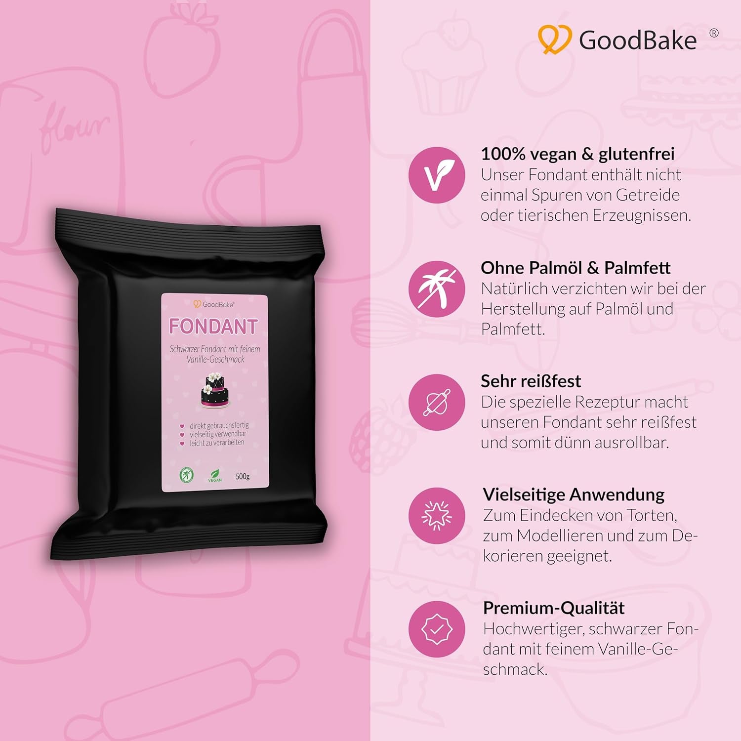 Fondant noir GoodBake 500g, fondant roulé pour enrober, façonner, décorer gâteaux, figurines, fleurs en sucre et plus encore, sans huile de palme, végétalien, sans gluten Pâte à sucre Naty Shop
