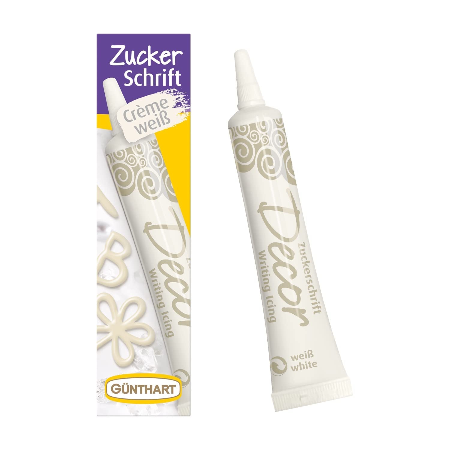 Günthart BackDecor 25g Lettres en sucre BLANC pour n'importe quel dessert en couleur sucre blanc pour de belles lettres et dessins, 1 paquet (25g) Naty Shop Pâte à sucre Medium Lettres en sucre blanc