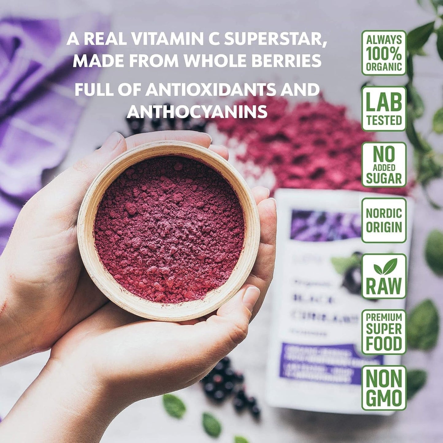 Poudre de cassis biologique LOOV, composée à 100 % de cassis entiers, de baies biologiques lyophilisées et en poudre, cultivées en Europe du Nord, sans sucre ajouté, 113 g Naty Shop Produits déshydratés