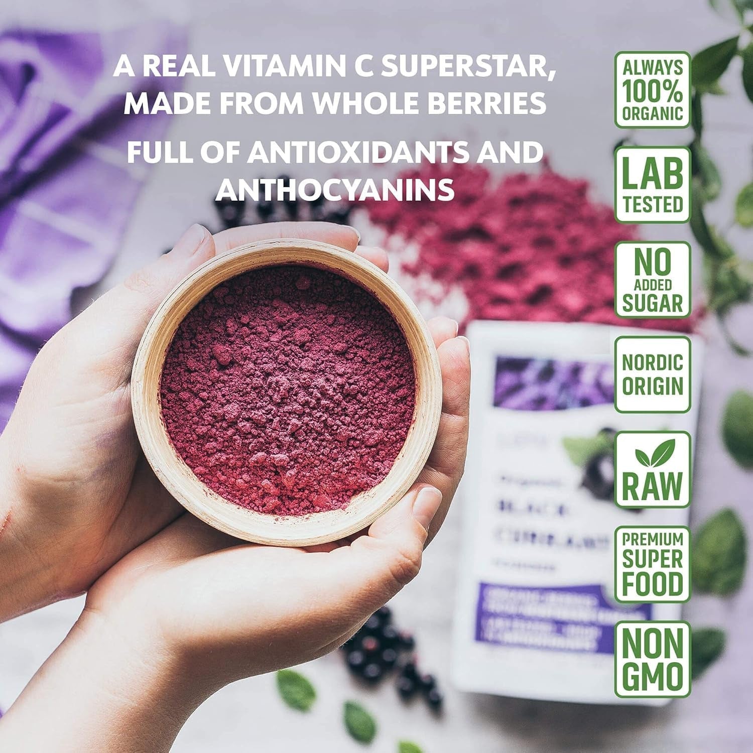 Poudre de cassis biologique LOOV, composée à 100 % de cassis entiers, de baies biologiques lyophilisées et en poudre, cultivées en Europe du Nord, sans sucre ajouté, 113 g Naty Shop Produits déshydratés