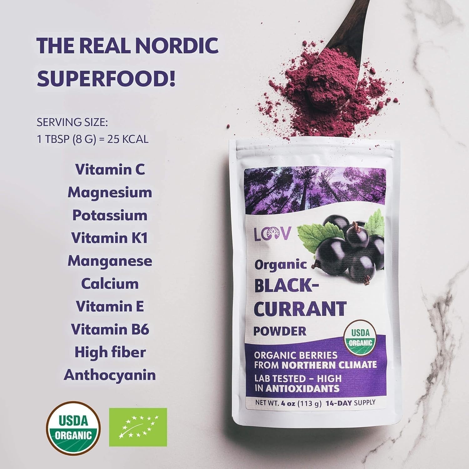 Poudre de cassis biologique LOOV, composée à 100 % de cassis entiers, de baies biologiques lyophilisées et en poudre, cultivées en Europe du Nord, sans sucre ajouté, 113 g Naty Shop Produits déshydratés