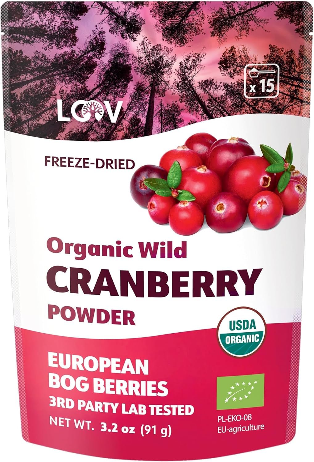 LOOV Poudre de myrtille biologique à base de myrtilles entières sauvages lyophilisées récoltées dans les forêts du nord de l'Europe 113 g sans sucre ajouté Naty Shop Produits déshydratés 91 g de poudre de canneberge