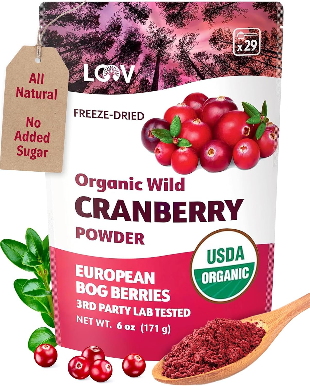 LOOV Poudre de myrtille biologique à base de myrtilles sauvages entières lyophilisées récoltées à 100 % dans les forêts du nord de l'Europe 113 g Sans sucre ajouté Naty Shop Produits déshydratés 171 g Poudre de canneberge