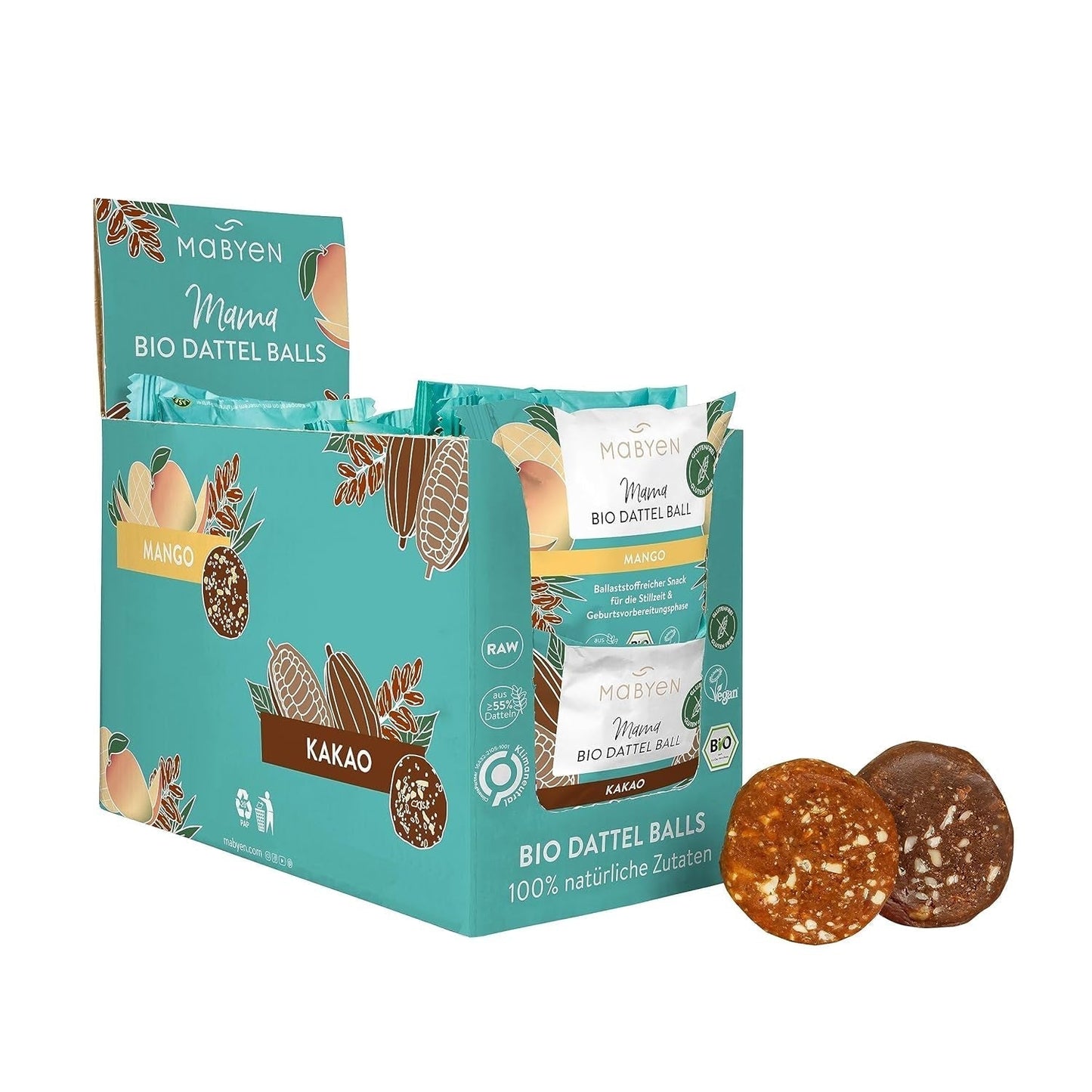 MABYEN Boules d'Énergie Date Bio 20 pcs. | Boules de dattes - Snacks sains sans sucre pour la grossesse et l'allaitement - Barres protéinées aux fruits secs - 13x saveur de cacao et 7x saveur de mangue Naty Shop Produits déshydratés 40 g (paquet de 20) Cacao + Mangue