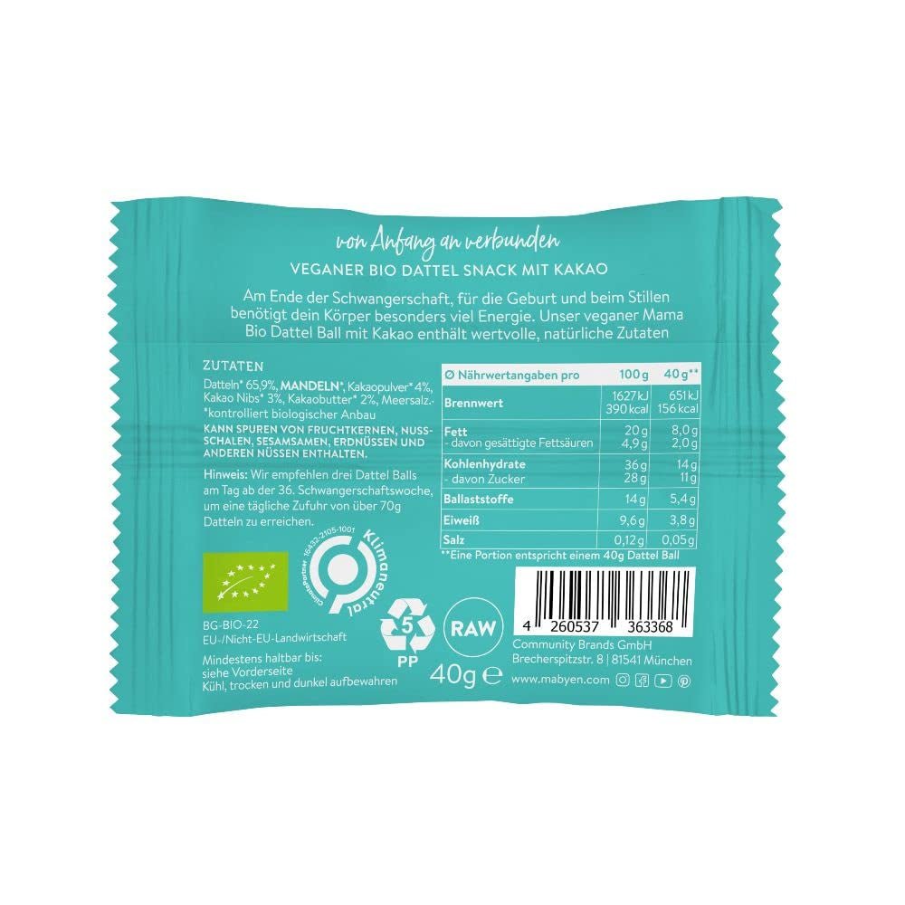 MABYEN Boules d'Énergie Date Bio 20 pcs. | Boules de dattes - Snacks sains sans sucre pour la grossesse et l'allaitement - Barres protéinées aux fruits secs - 13 x Cacao et 7 x Produits déshydratés saveur mangue Naty Shop