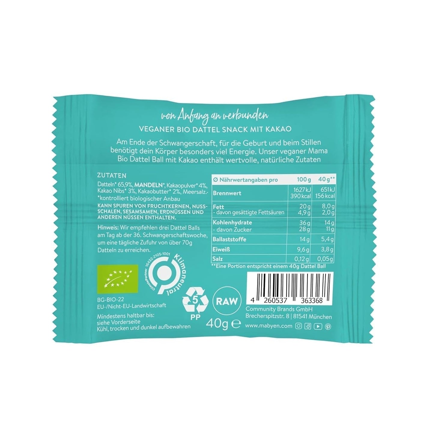 MABYEN Boules d'Énergie Date Bio 20 pcs. | Date Balls - Snacks sains sans sucre pour la grossesse et l'allaitement - Barre protéinée aux fruits secs - Goût Cacao Produits déshydratés Naty Shop