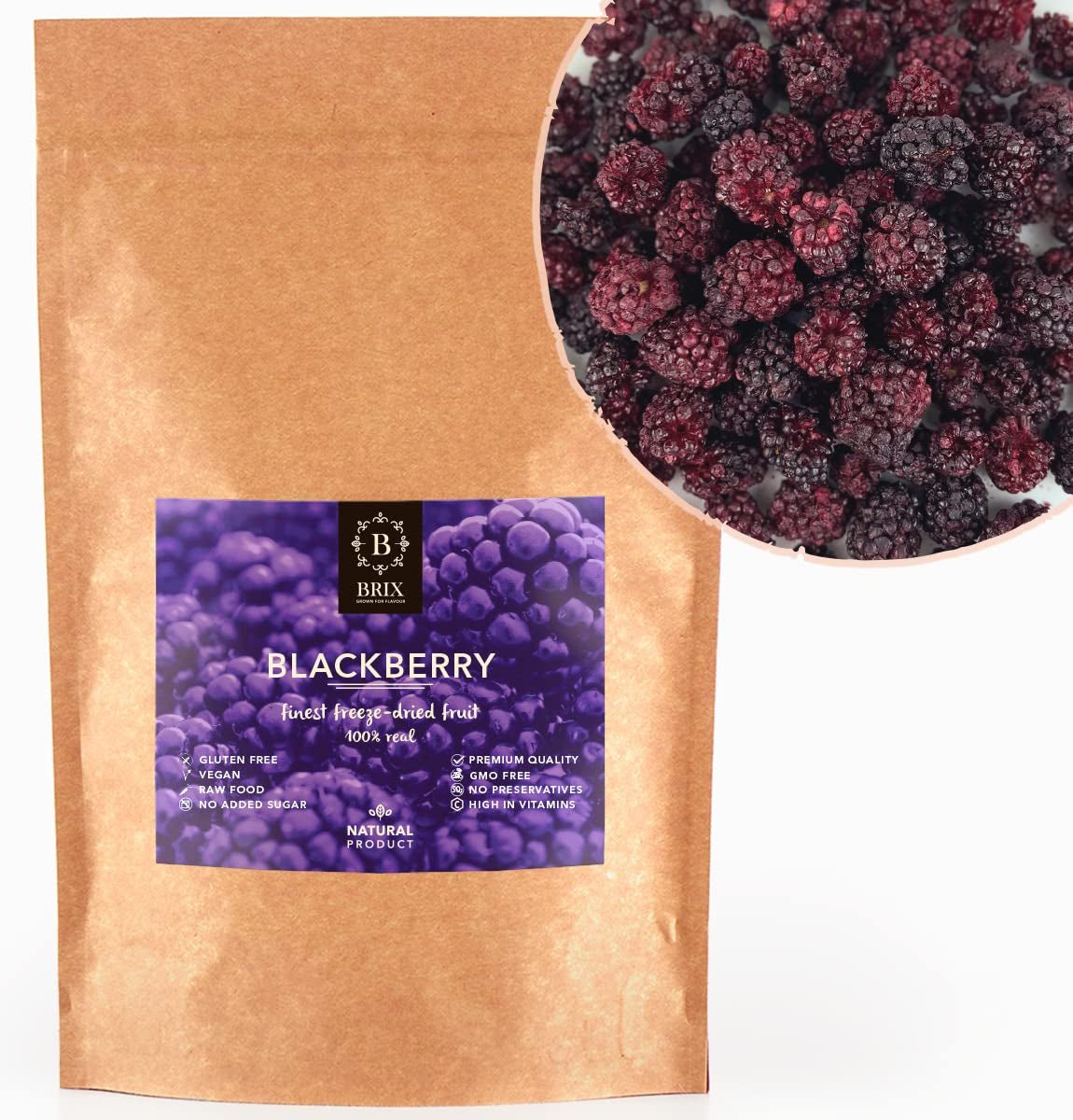 Mûres lyophilisées BRIX | Mûres naturelles séchées 105 g | Prix ​​du Grand Goût pour les Baies Séchées | Sans OGM, sans gluten, végétalien, vitamines retenues Naty Shop Produits déshydratés Titre par défaut