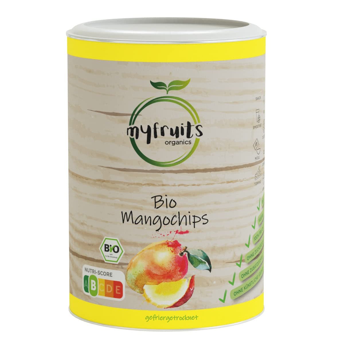 myfruits mangue bio, fruits lyophilisés, 300g, chips de fruits, sans additifs, 100% mangue, fruits lyophilisés et secs pour muesli ou snacks... Produits déshydratés Naty Shop 100 G (1 paquet)