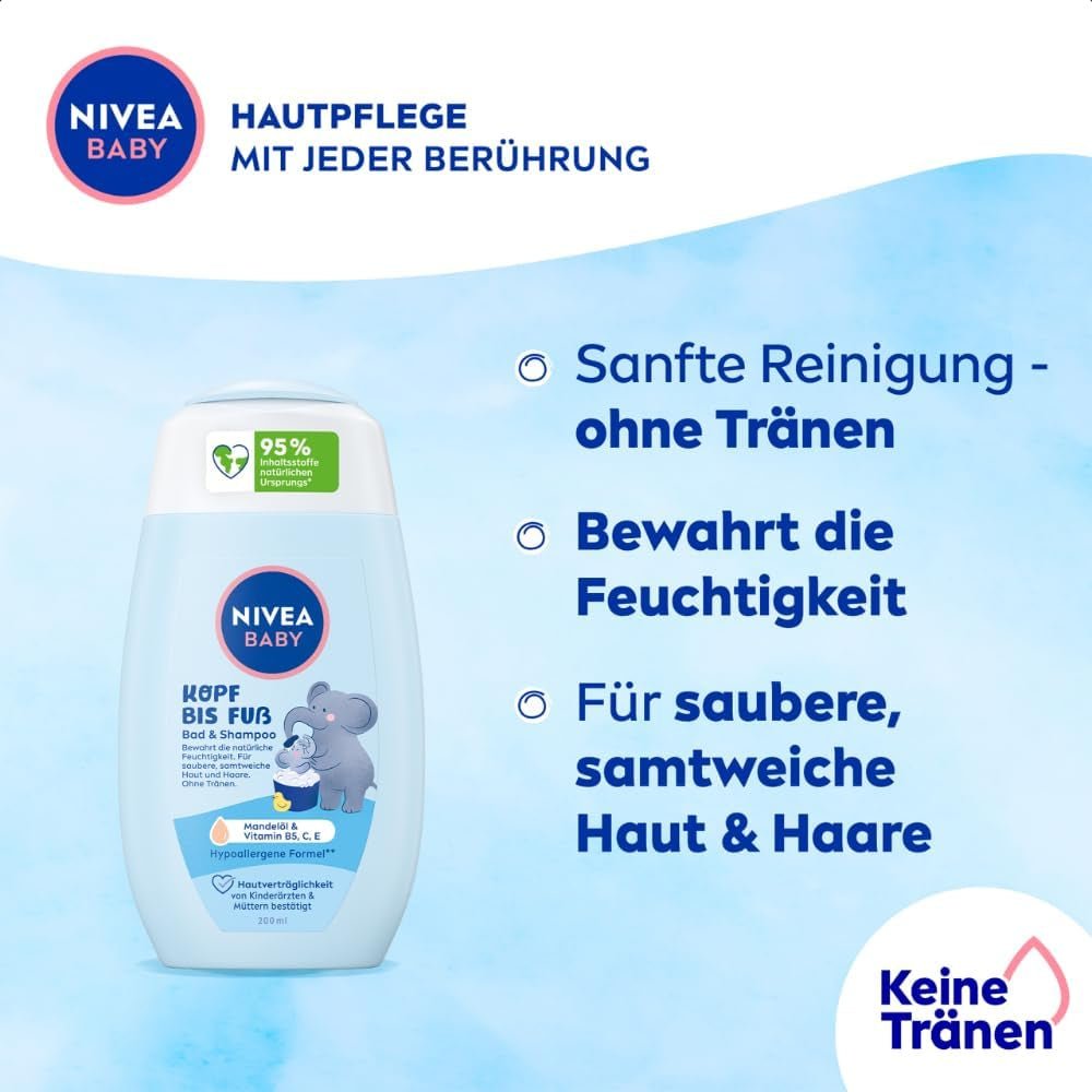NIVEA BABY bain & shampoing tête aux pieds, shampoing doux vegan pour la peau et les cheveux des enfants à l'huile d'amande, gel douche relaxant à la formule hypoallergénique sans parabènes ni microplastiques (200 ml) Enfants - Bain et Soin Naty Shop