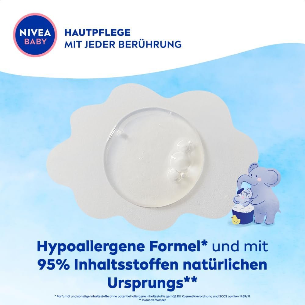 NIVEA BABY bain & shampoing tête aux pieds, shampoing doux vegan pour la peau et les cheveux des enfants à l'huile d'amande, gel douche relaxant à la formule hypoallergénique sans parabènes ni microplastiques (200 ml) Enfants - Bain et Soin Naty Shop