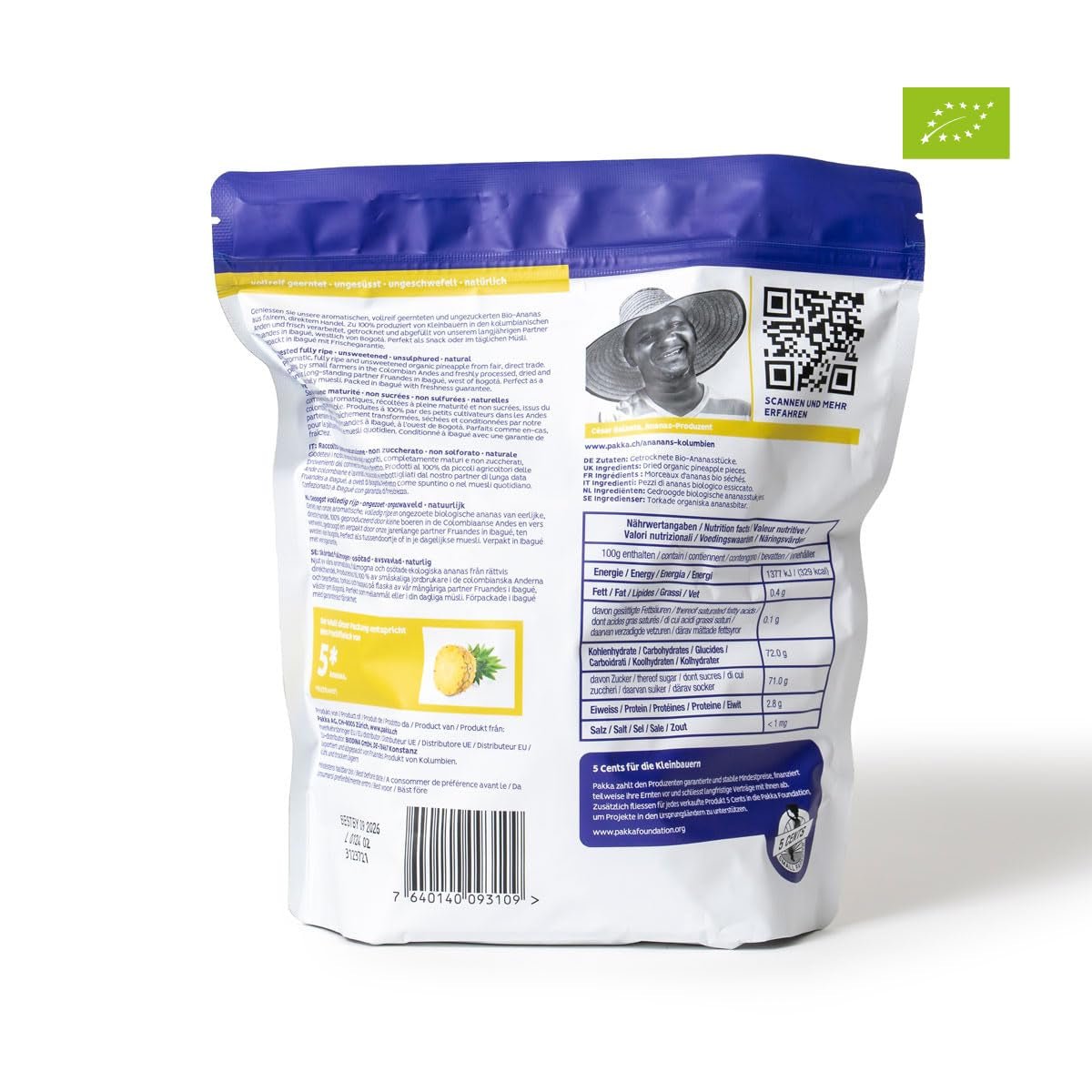 Morceaux d'ananas bio et équitable PAKKA 1kg, ananas séchés bio et équitable, non sucré, non sulfuré, produit et rempli directement par le producteur en Colombie, vegan 1000g Produits déshydratés Naty Shop